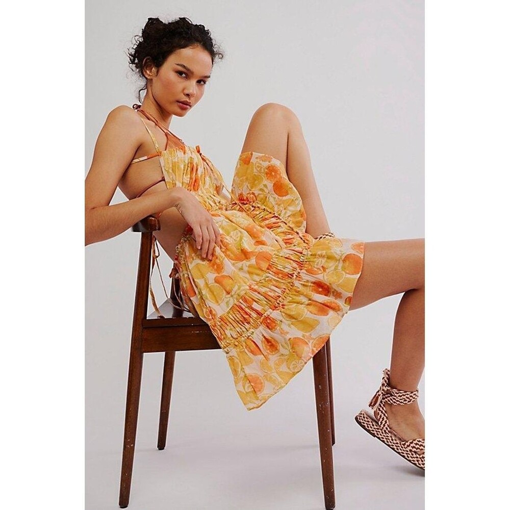 Free People Taking Sides Print Mini Dress Tomato Tiered Ruffle Cotton XL 283593 - Picture 3 of 9